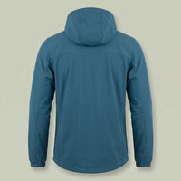 Back of custom fleece-lined hooded jacket in teal with detachable hood and full zip, made by ausman Pakistan