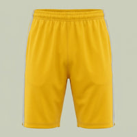 Back of custom panel training shorts in yellow with gray contrast side panels, made by ausman Pakistan