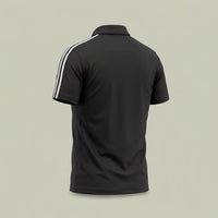 The back view of custom black striped polo shirt with white shoulder stripes in performance mesh, made by ausman Pakistan