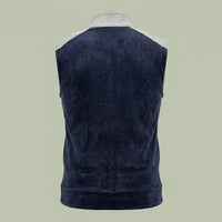 Back view of custom navy corduroy sleeveless vest with gray shoulder panels by ausman