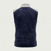 Back view of custom navy corduroy sleeveless vest with gray shoulder panels by ausman