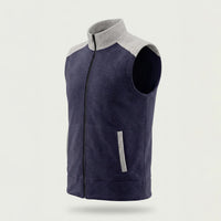 Custom corduroy zip vest in navy with gray contrast collar and shoulders, made by ausman Pakistan