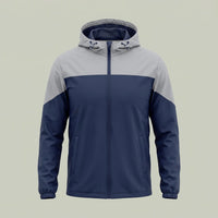 Custom corporate event jacket in navy and gray with removable hood, made by ausman Pakistan