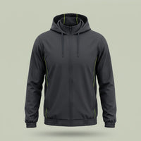 Custom lightweight windbreaker jacket in charcoal with lime green piping and detachable hood, made by ausman Pakistan