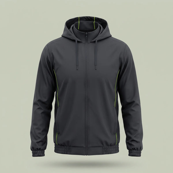 Custom lightweight windbreaker jacket in charcoal with lime green piping and detachable hood, made by ausman Pakistan