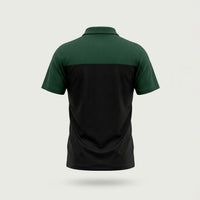 Back view of custom two-tone polo shirt with horizontal green and black panel design
