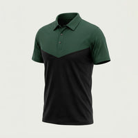 Custom panel polo shirt with V-shaped green and black colorblock front, made by ausman Pakistan