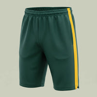 Custom panel training shorts in dark green with yellow contrast side panel, made by ausman Pakistan