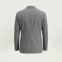 Custom performance blazer in gray with patch pockets in micro stretch, made by ausman Pakistan