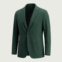 Custom performance blazer in green with patch pockets in micro stretch, made by ausman Pakistan