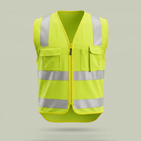 Custom hi-vis reflective safety vest in fluorescent yellow with zip front and reflective tape, made by ausman Pakistan