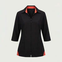 Custom salon and spa tunic in black with coral accents and zip front, made by ausman Pakistan