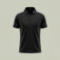 Custom black striped polo shirt with white shoulder stripes in performance mesh, made by ausman Pakistan