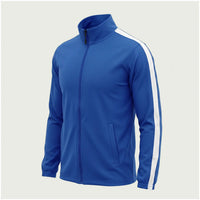 Custom royal blue track jacket with white sleeve stripe and full zip, made by ausman Pakistan