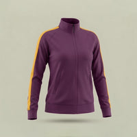 Custom women's track jacket in purple with gold sleeve stripe, made by ausman Pakistan