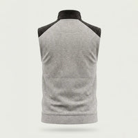 Back view of custom light gray corduroy sleeveless vest with black shoulder panels by ausman