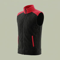 Custom corduroy zip vest in black with red contrast collar and shoulders, made by ausman Pakistan