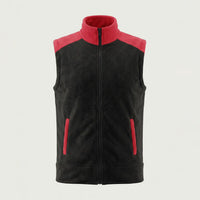 Custom corduroy zip vest in black with red contrast collar and shoulders, made by ausman Pakistan