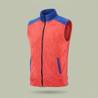 Custom corduroy zip vest in coral with royal blue contrast collar and shoulders, made by ausman Pakistan