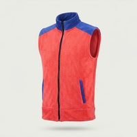 Custom corduroy zip vest in coral with royal blue contrast collar and shoulders, made by ausman Pakistan