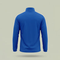 Back view of custom royal blue track jacket with white sleeve stripes by ausman