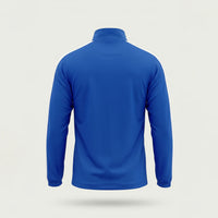 Back view of custom royal blue track jacket with white sleeve stripes by ausman