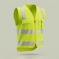 The side view of custom hi-vis reflective safety vest in fluorescent yellow with zip front and reflective tape, made by ausman Pakistan