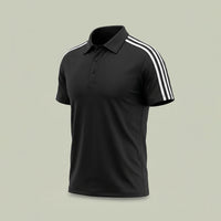 The side view of custom black striped polo shirt with white shoulder stripes in performance mesh, made by ausman Pakistan