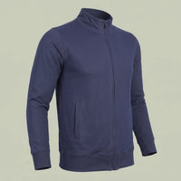 The side view of custom navy zip-up sweatshirt in denim-look stretch fabric with stand collar, made by ausman Pakistan