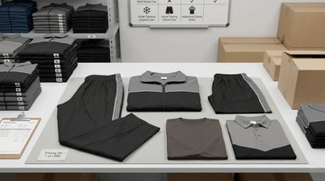 ausman bulk institutional training apparel set in black and grey with white piping — upper, trouser, shorts, t-shirt and polo shirt laid out for a 1,000 piece order, size small to 5XL, Pakistan