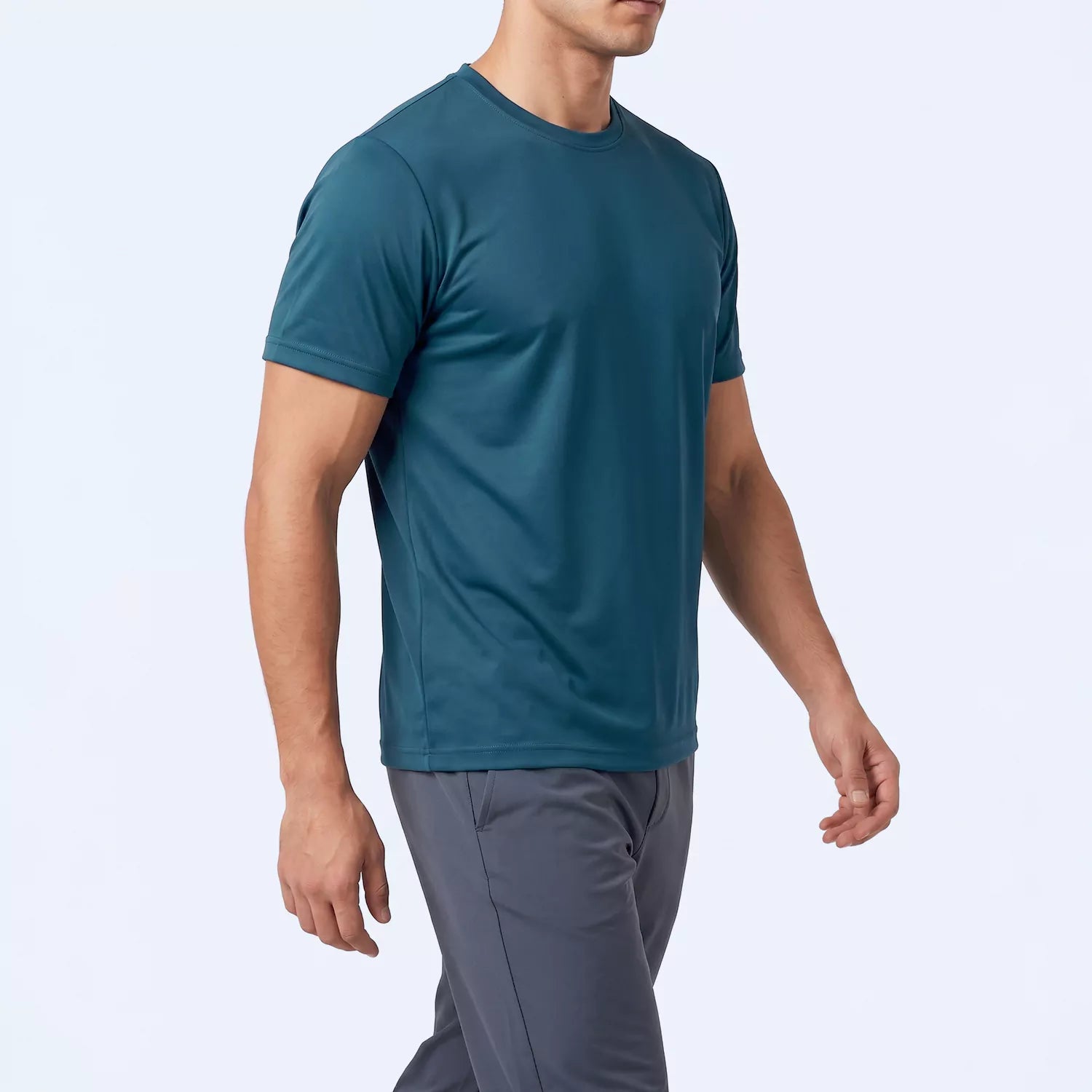 Vortex V-neck sports t-shirt front view, storm blue color