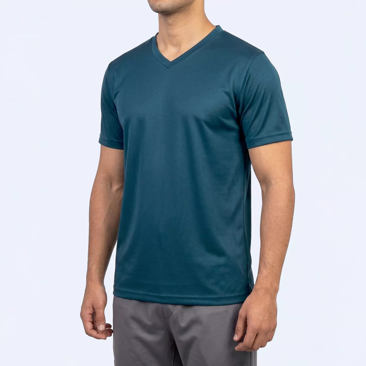 Vortex V-neck sports t-shirt front view, storm blue color