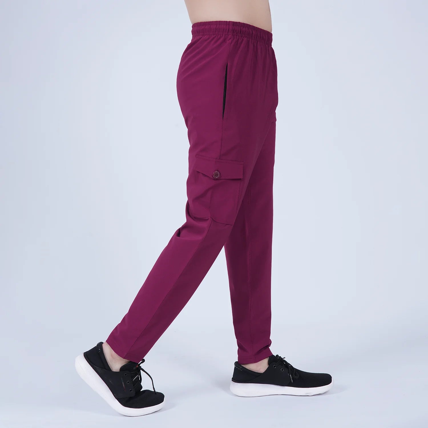 ausman UrbanCargo Active Trouser Burgundy for men, slim fit Micro Stretch cargo trouser with 4 pockets and invisible zip style. 4 pocket cargo pants in pakistan