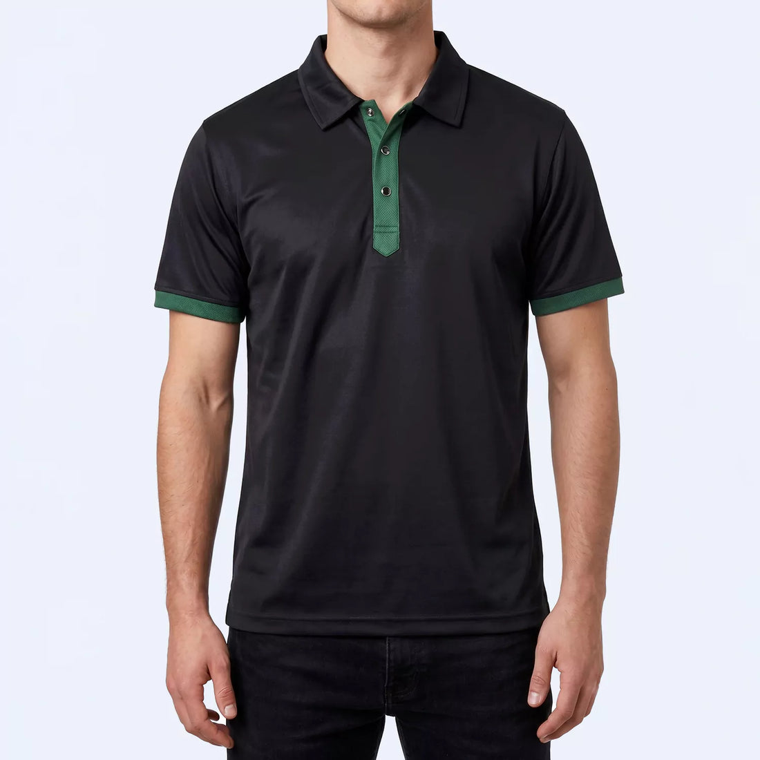 Ace Polo Shirt in black with a green contrast placket and cuffs, front view