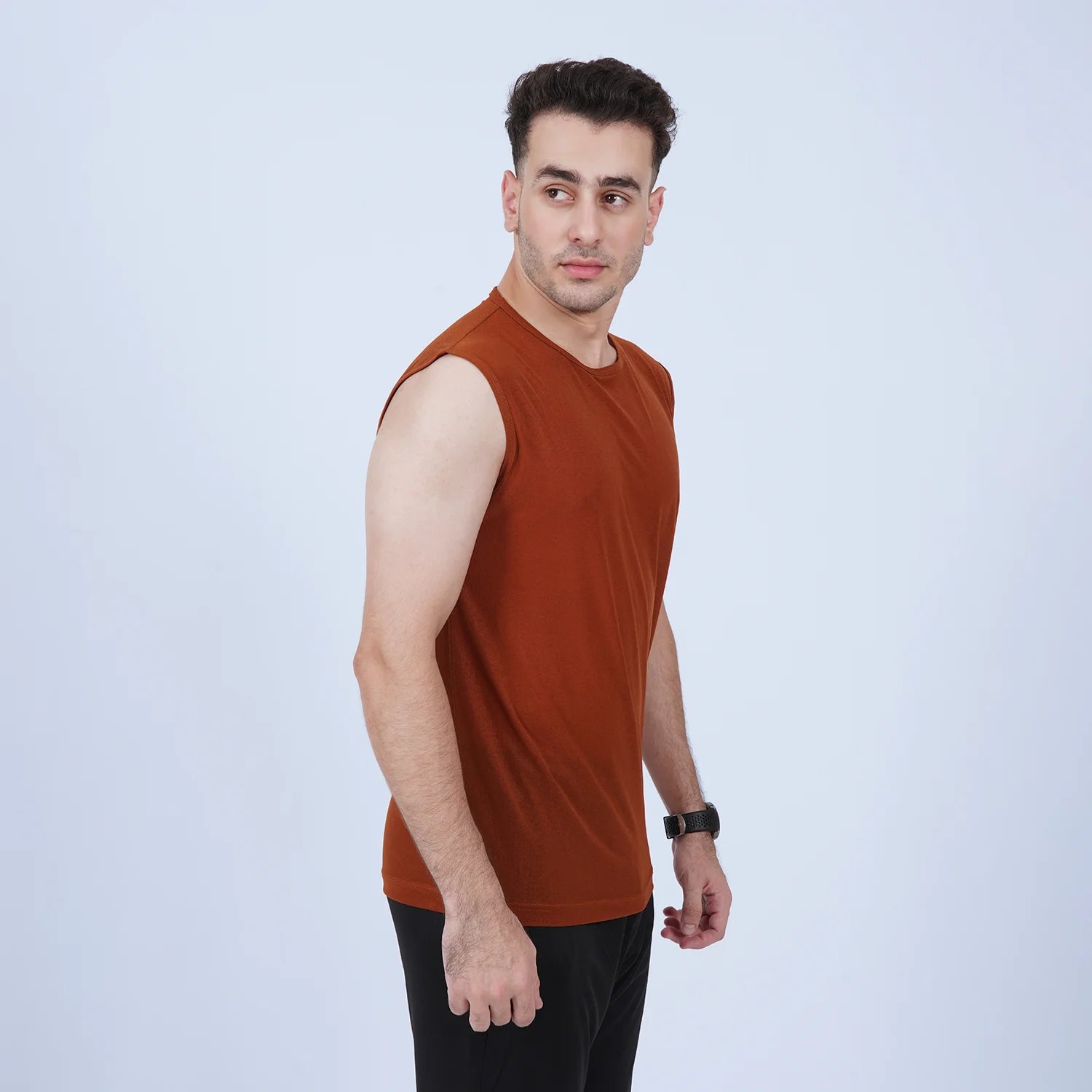 ausman EasyBreathe Sleeveless Active Top Terracotta for men, slim fit sleeveless gym and running shirt. activewear manufacturers in pakistan