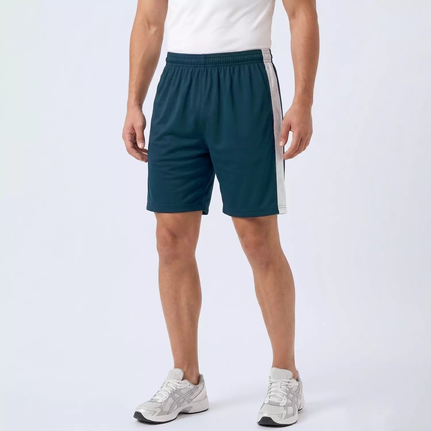 Side view of the Aero knee-length training shorts showing the contrast panel and regular fit
