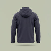 Back of custom hooded shell jacket in charcoal gray with detachable hood and full zip, made by ausman Pakistan