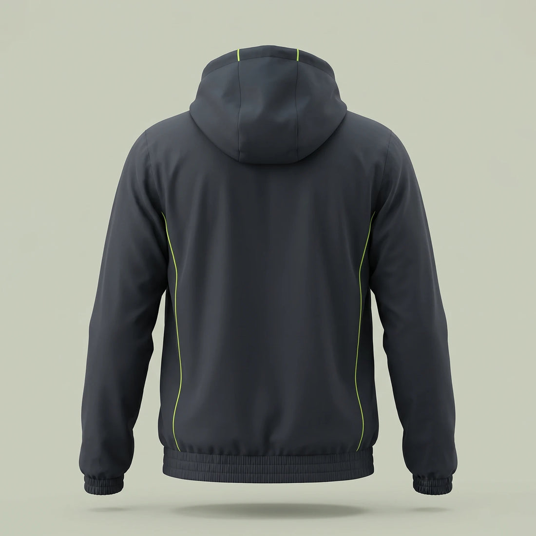 Custom lightweight windbreaker jacket in charcoal with lime green piping and detachable hood, made by ausman Pakistan
