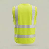 The back view of custom hi-vis reflective safety vest in fluorescent yellow with zip front and reflective tape, made by ausman Pakistan
