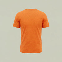 The back view of custom sublimation t-shirt in heathered orange on poly-spandex, made by ausman Pakistan