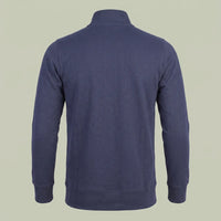 The back view of custom navy zip-up sweatshirt in denim-look stretch fabric with stand collar, made by ausman Pakistan