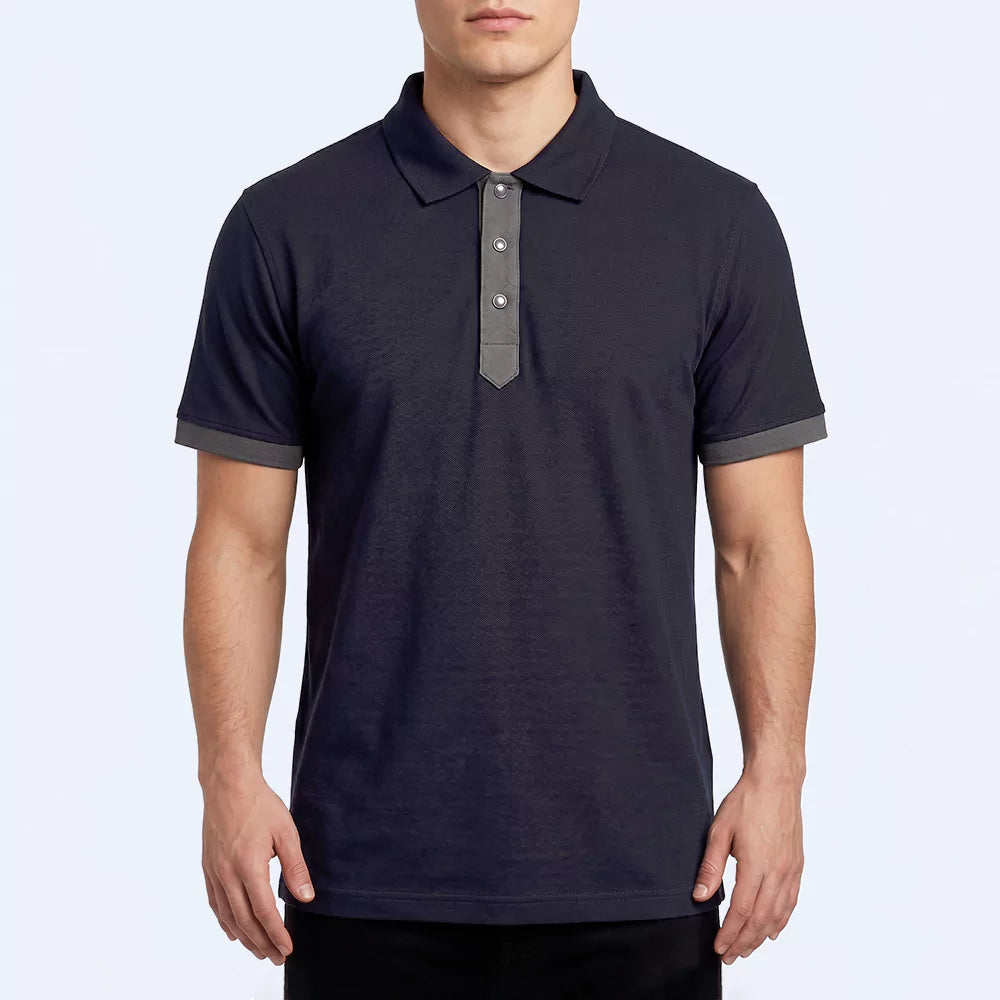 Baseline Polo Shirt in navy with a gray contrast placket and cuffs, front view