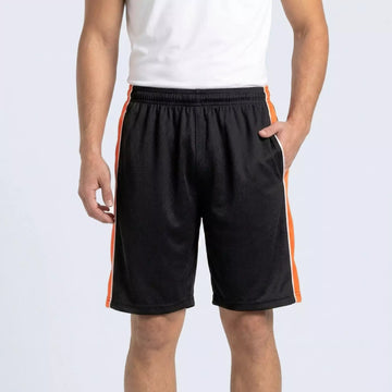 Blaze Panel Shorts in black with an orange side panel and white piping, front view