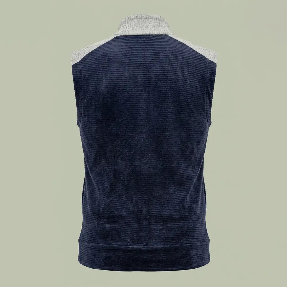 Custom corduroy zip vest in navy with gray contrast collar and shoulders, made by ausman Pakistan