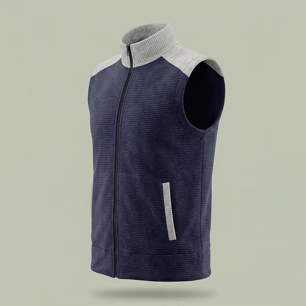 Custom corduroy zip vest in navy with gray contrast collar and shoulders, made by ausman Pakistan