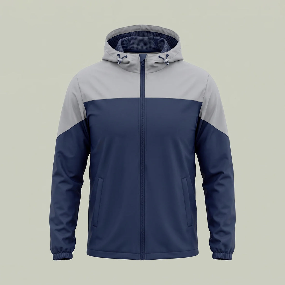Custom corporate event jacket in navy and gray with removable hood, made by ausman Pakistan
