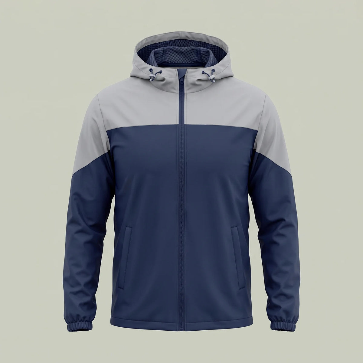 Custom corporate event jacket in navy and gray with removable hood, made by ausman Pakistan