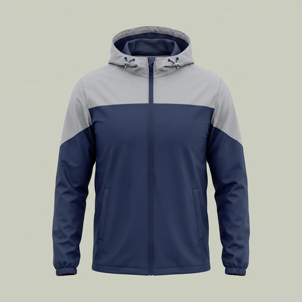Custom corporate event jacket in navy and gray with removable hood, made by ausman Pakistan