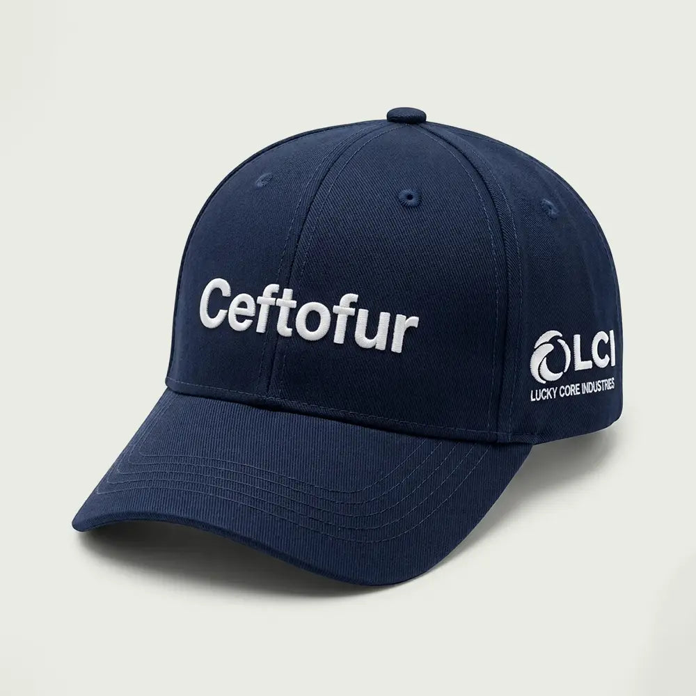 Navy structured 6-panel embroidered cap with raised white 3D puff product-name embroidery and LCI corporate side branding by ausman