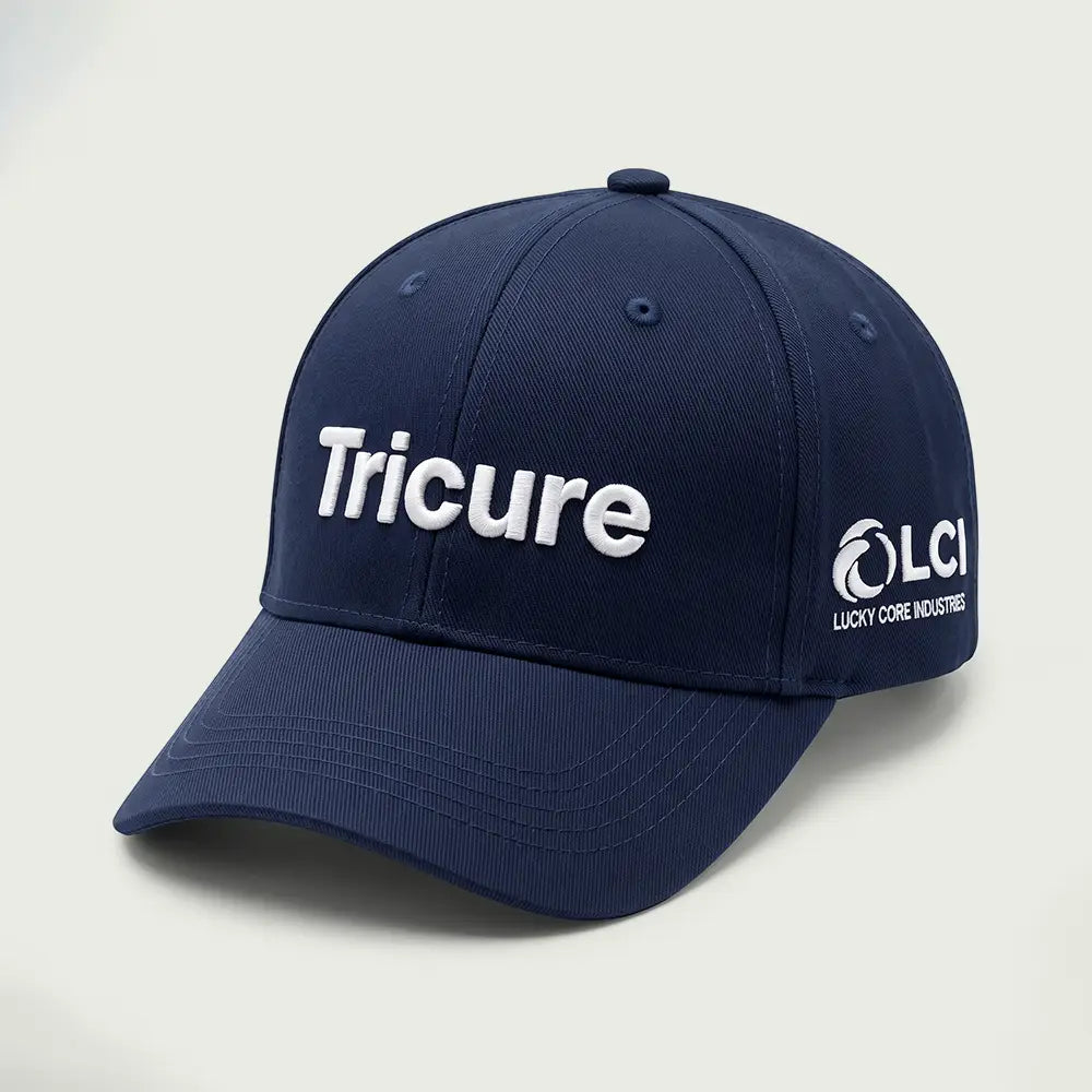Navy structured 6-panel embroidered cap with raised white 3D puff product-name embroidery and LCI corporate side branding by ausman